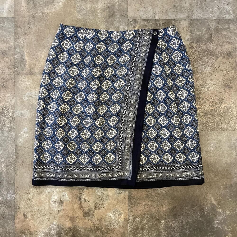vintage talbots navy blue and white knee length 100% silk wrap skirt size 14